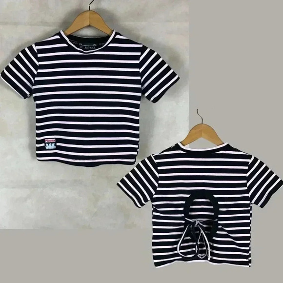 PLASMA SPHERE Korea Black/Pink Striped Crop Top - Picture 1 of 10